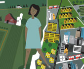 Illustration of woman between urban and rural environments